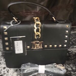 Black Studded Top-Handle Bag with Gold Hardware